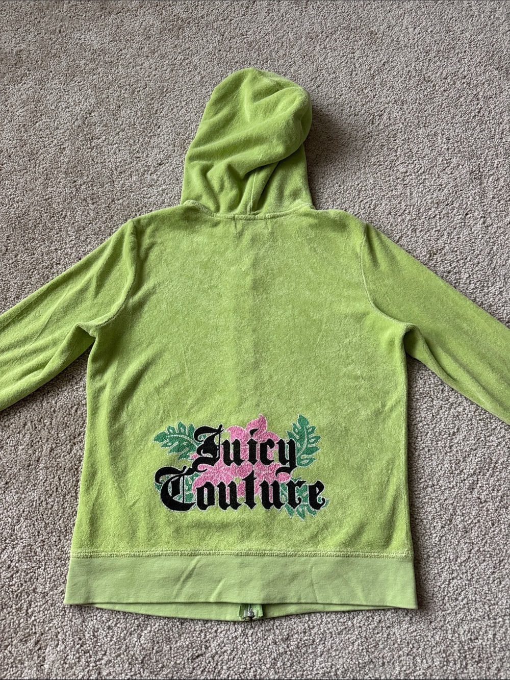 Vintage Y2K Juicy Couture Line Green Floral Spellout Zip Up Terry Hoodie